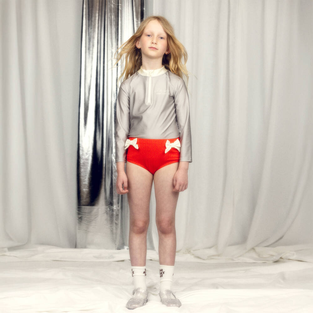 Mini Rodini-Girls Red High Waisted Bikini Bottoms with Bows (UPF 40+) | Childrensalon