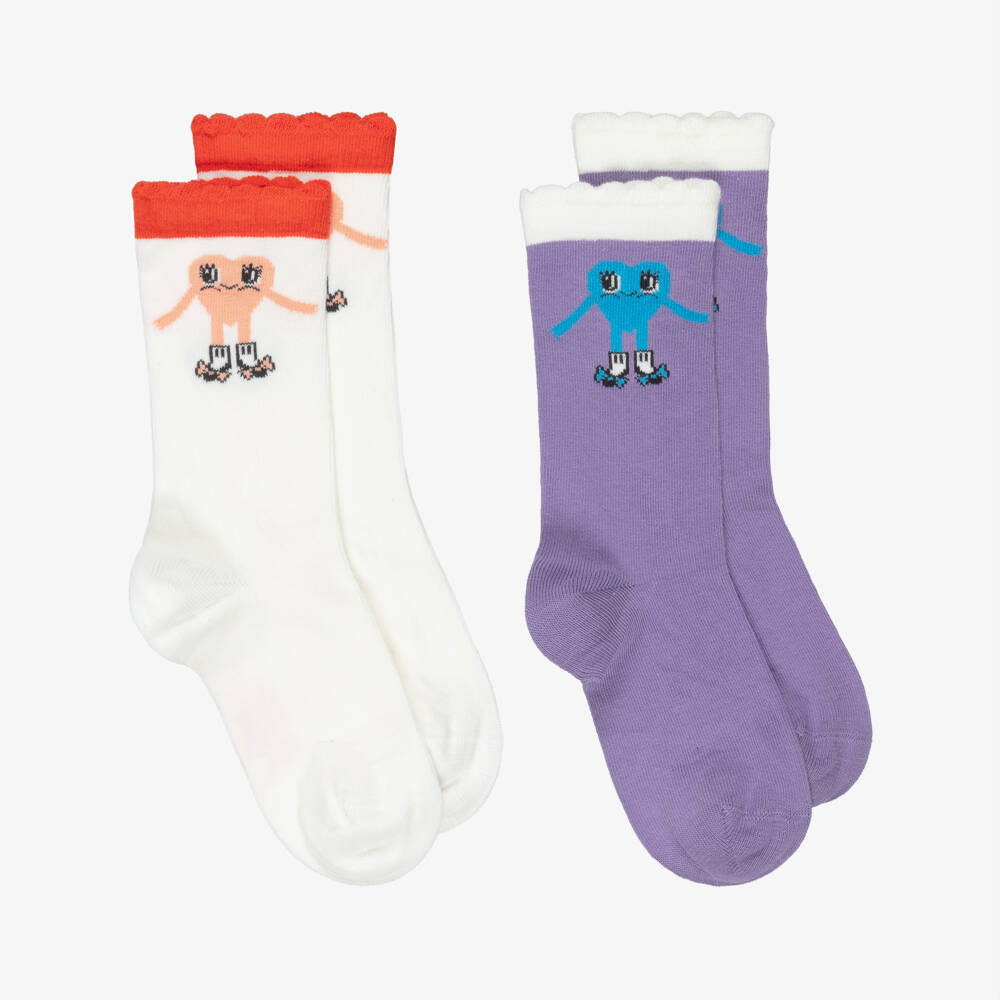 Mini Rodini-Girls White & Purple Knitted Socks with Heart Motifs | Childrensalon