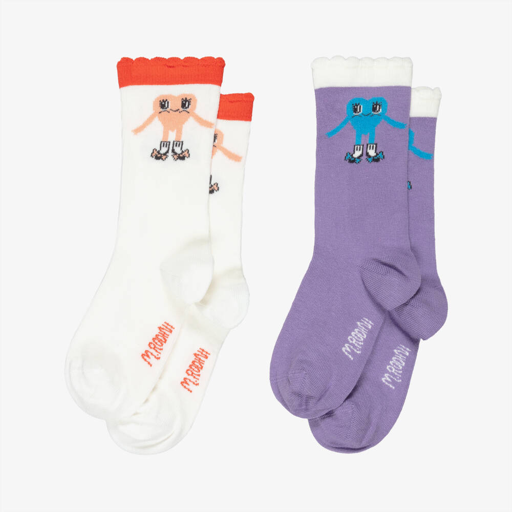 Mini Rodini-جوارب محبوكة بنقشة قلوب لون أبيض وبنفسجي للبنات | Childrensalon