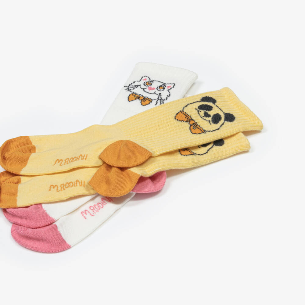 Mini Rodini-Girls White & Yellow Cotton Animal Socks (2 Pack) | Childrensalon