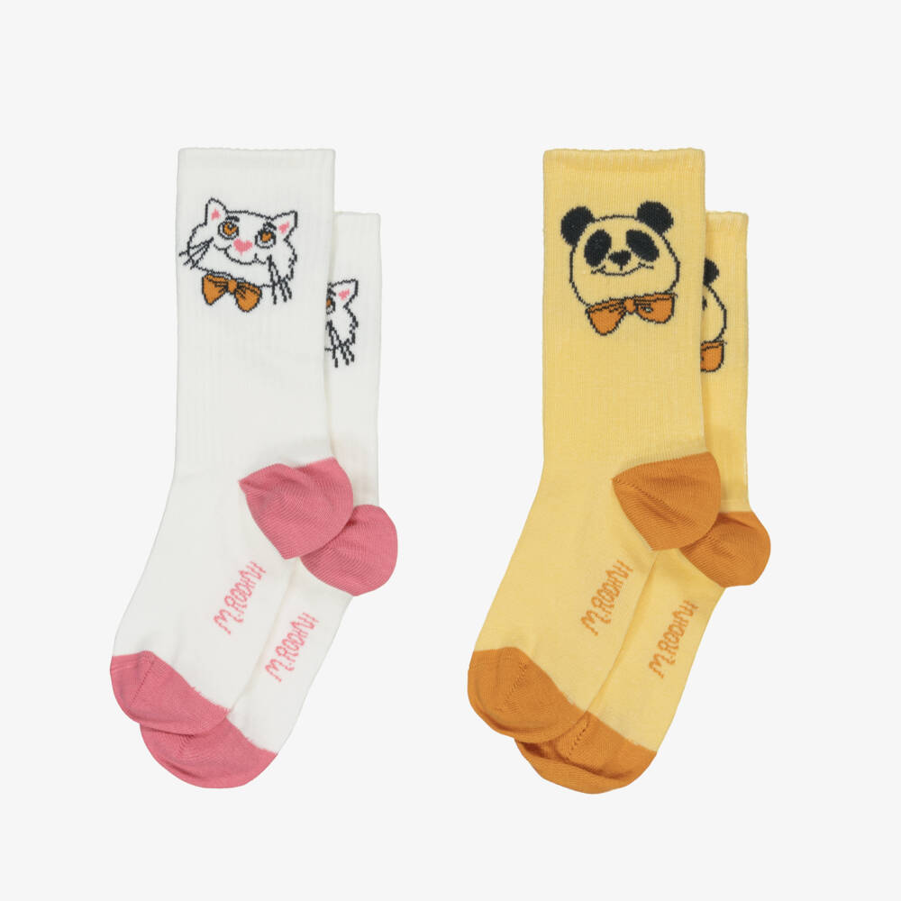 Mini Rodini-Girls White & Yellow Cotton Animal Socks (2 Pack) | Childrensalon