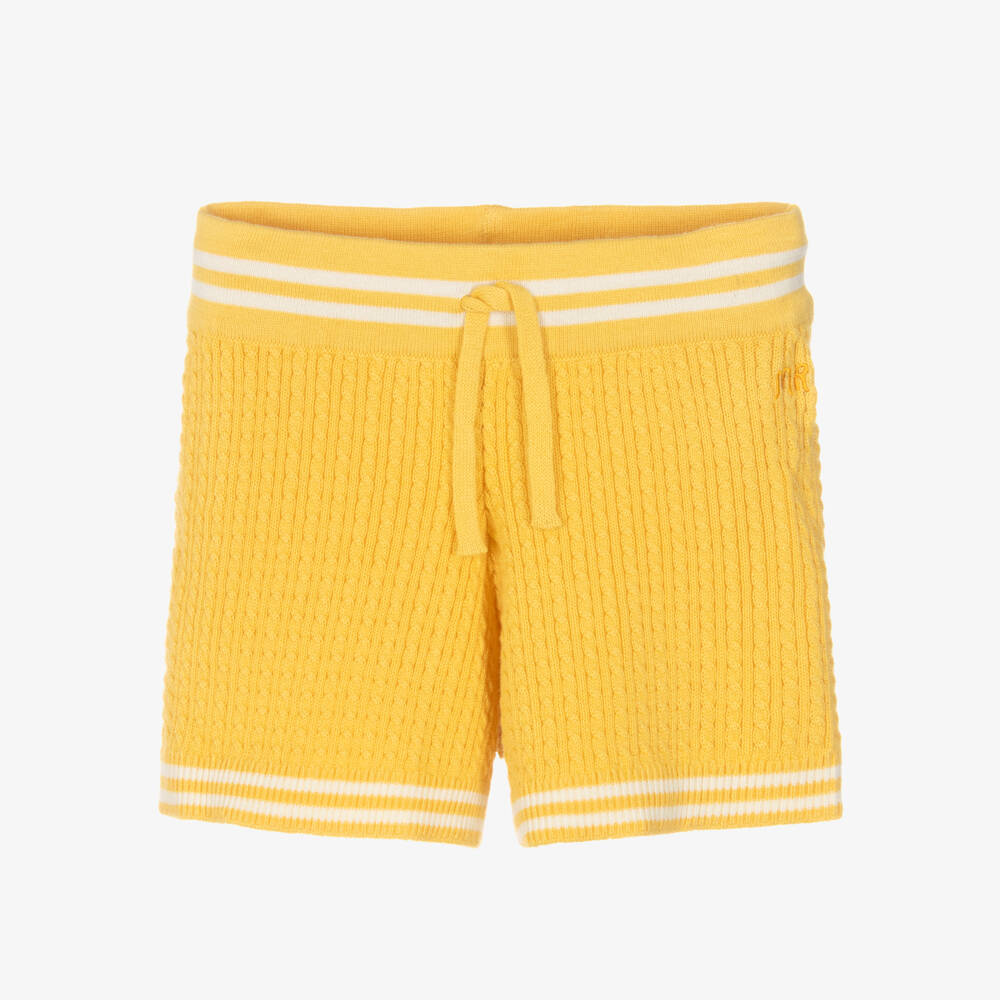 Mini Rodini-Girls Yellow Cable Knit Cotton Sleeveless Shorts | Childrensalon