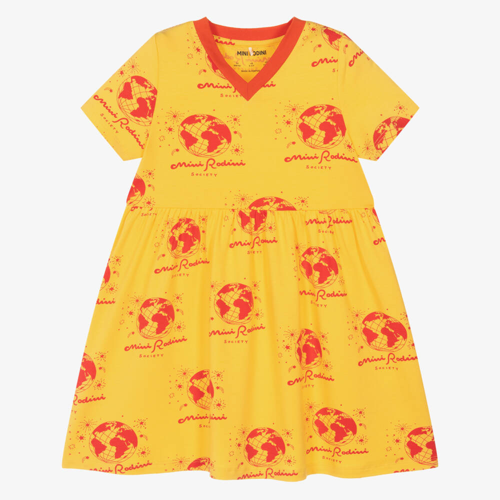 Mini Rodini-Girls Yellow Dress with Red Society Print | Childrensalon