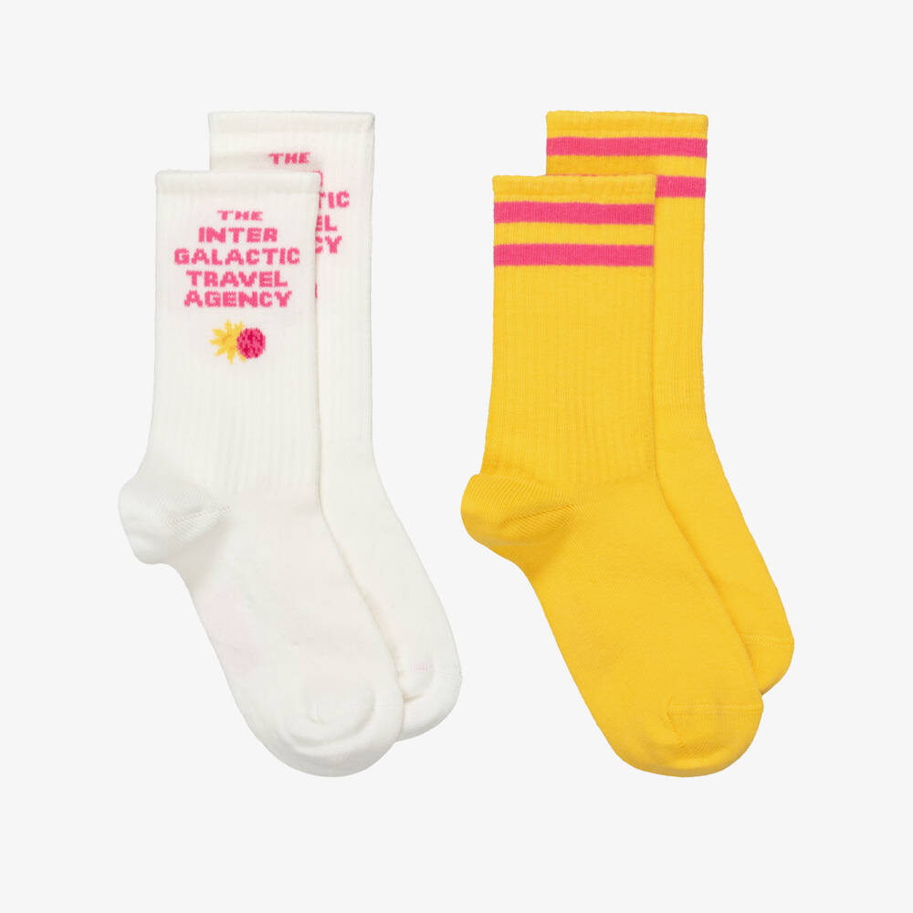 Mini Rodini-Girls Yellow & Ivory Galaxy-Themed Socks (2 Pack) | Childrensalon