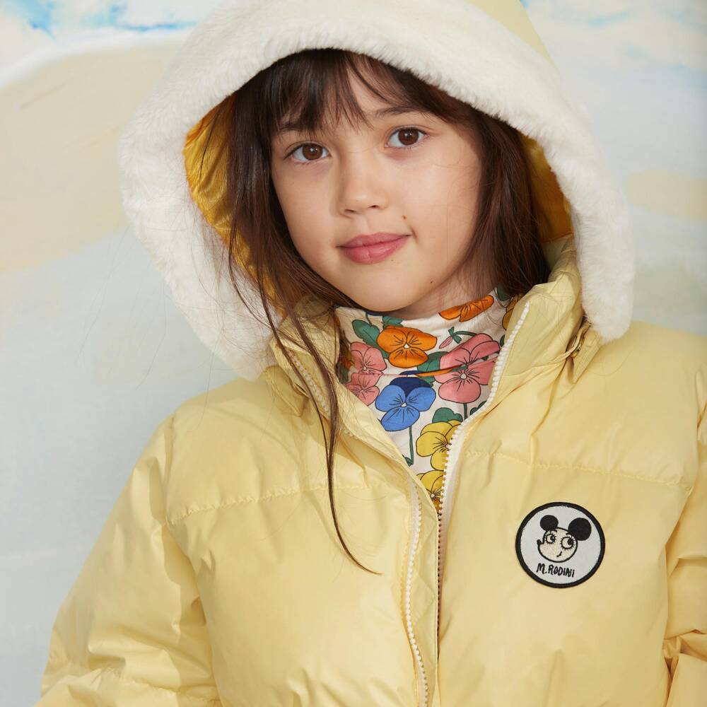 Mini Rodini-Girls Yellow Puffer Coat with Ritzratz Patch | Childrensalon