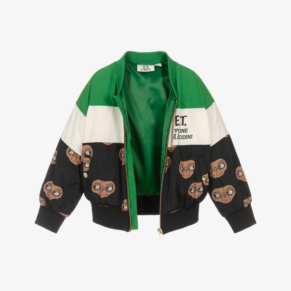 Mini Rodini-Куртка-бомбер зелёно-чёрная колорблок с принтом И.Т. | Childrensalon