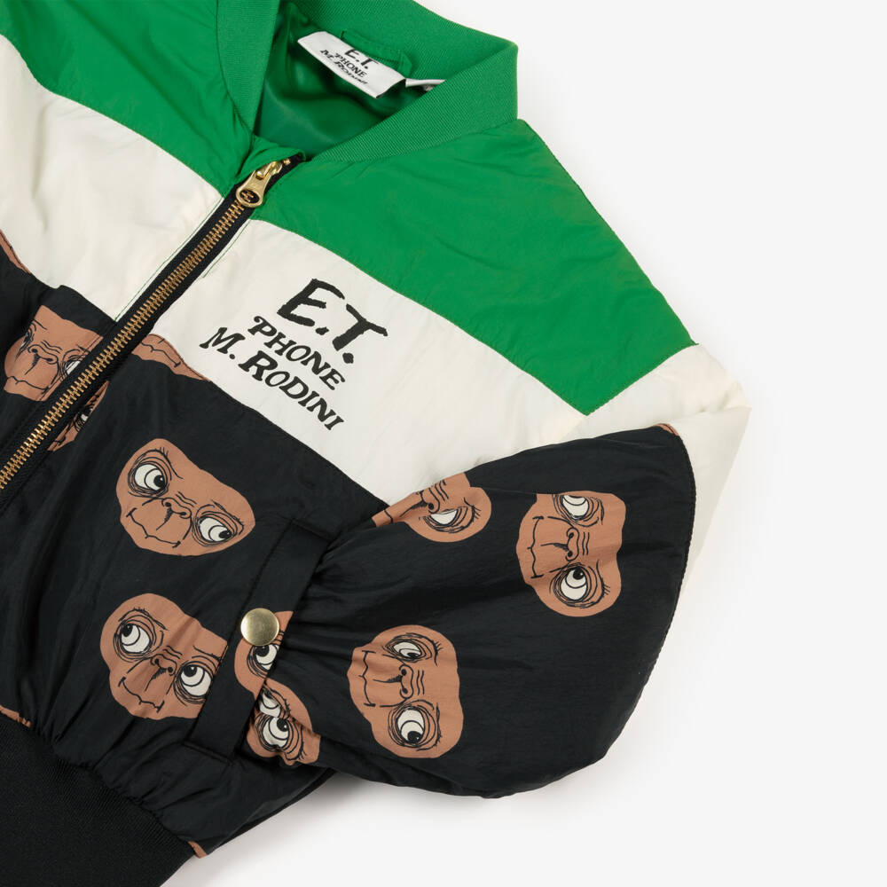 Mini Rodini-Куртка-бомбер зелёно-чёрная колорблок с принтом И.Т. | Childrensalon