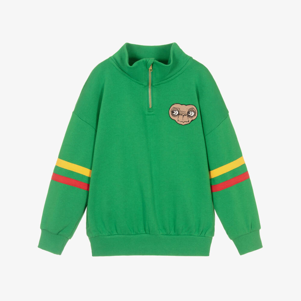 Mini Rodini-Green Cotton Quarter Zip Sweatshirt with Embroidered E.T. | Childrensalon