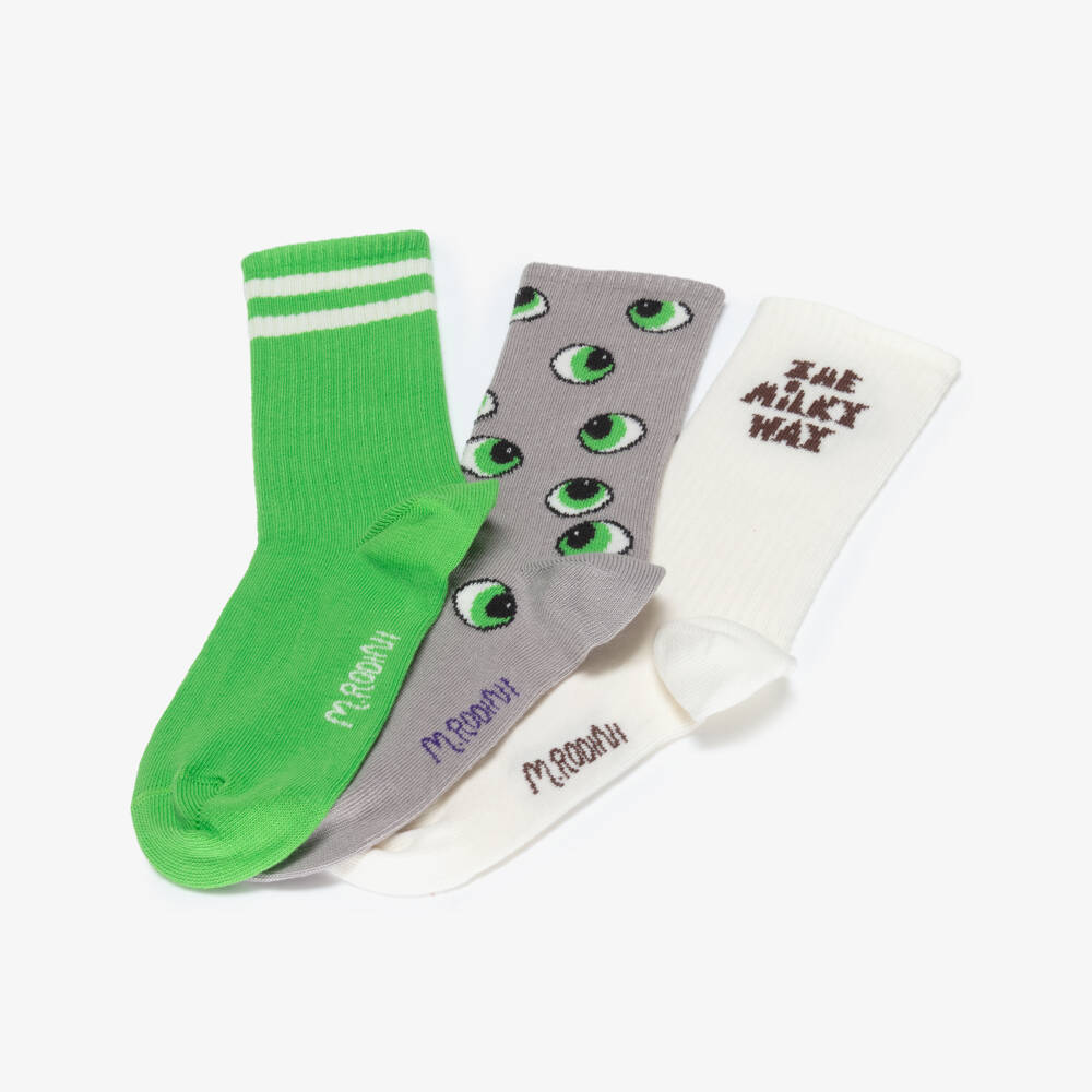 Mini Rodini-Green & Grey Socks with Alien Eyes (3 Pack) | Childrensalon