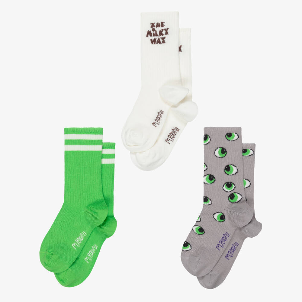 Mini Rodini-Green & Grey Socks with Alien Eyes (3 Pack) | Childrensalon