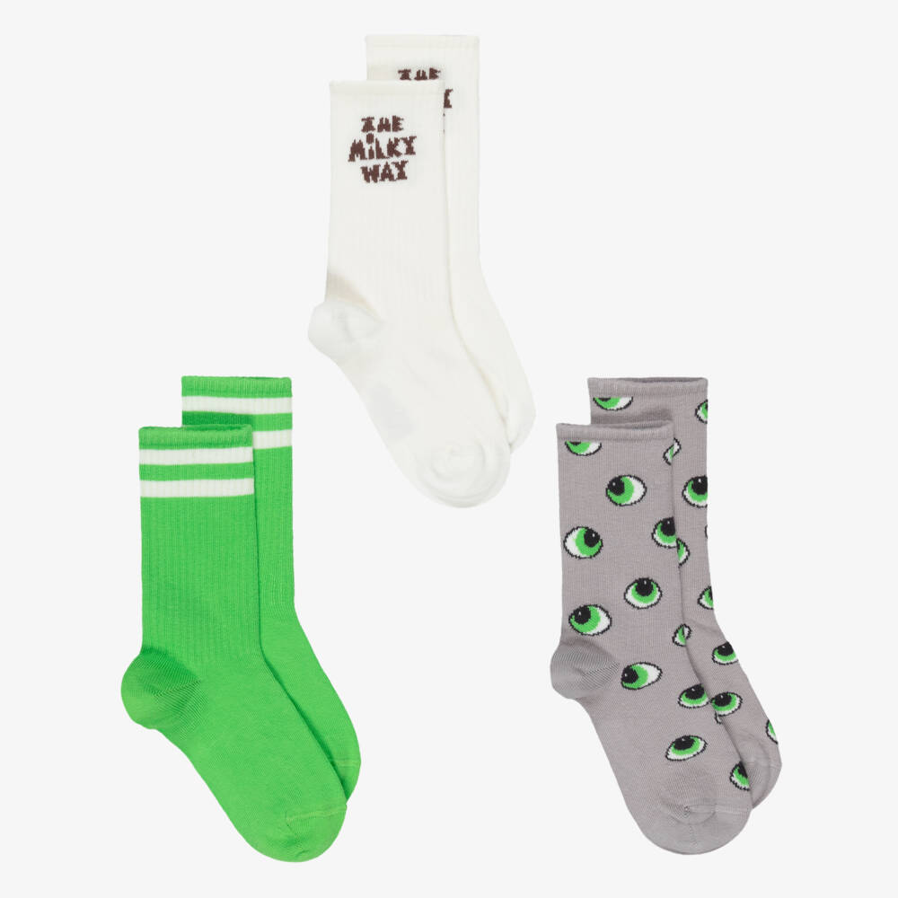 Mini Rodini-Green & Grey Socks with Alien Eyes (3 Pack) | Childrensalon