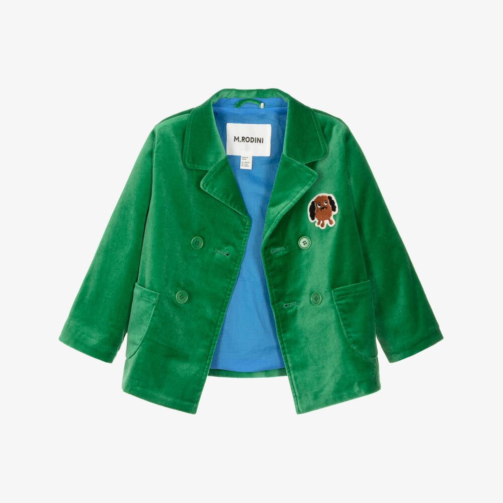Mini Rodini-بليزر مخمل مزين برقعة شعار كلب لون أخضر | Childrensalon