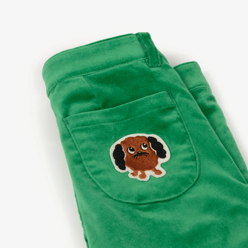 Mini Rodini-Брюки зелёные бархатные с нашивкой собачки | Childrensalon