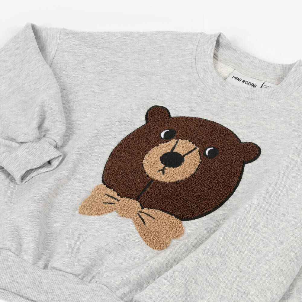 Mini Rodini-Grey Marl Cotton Sweatshirt with Brown Bouclé Bear Appliqué | Childrensalon