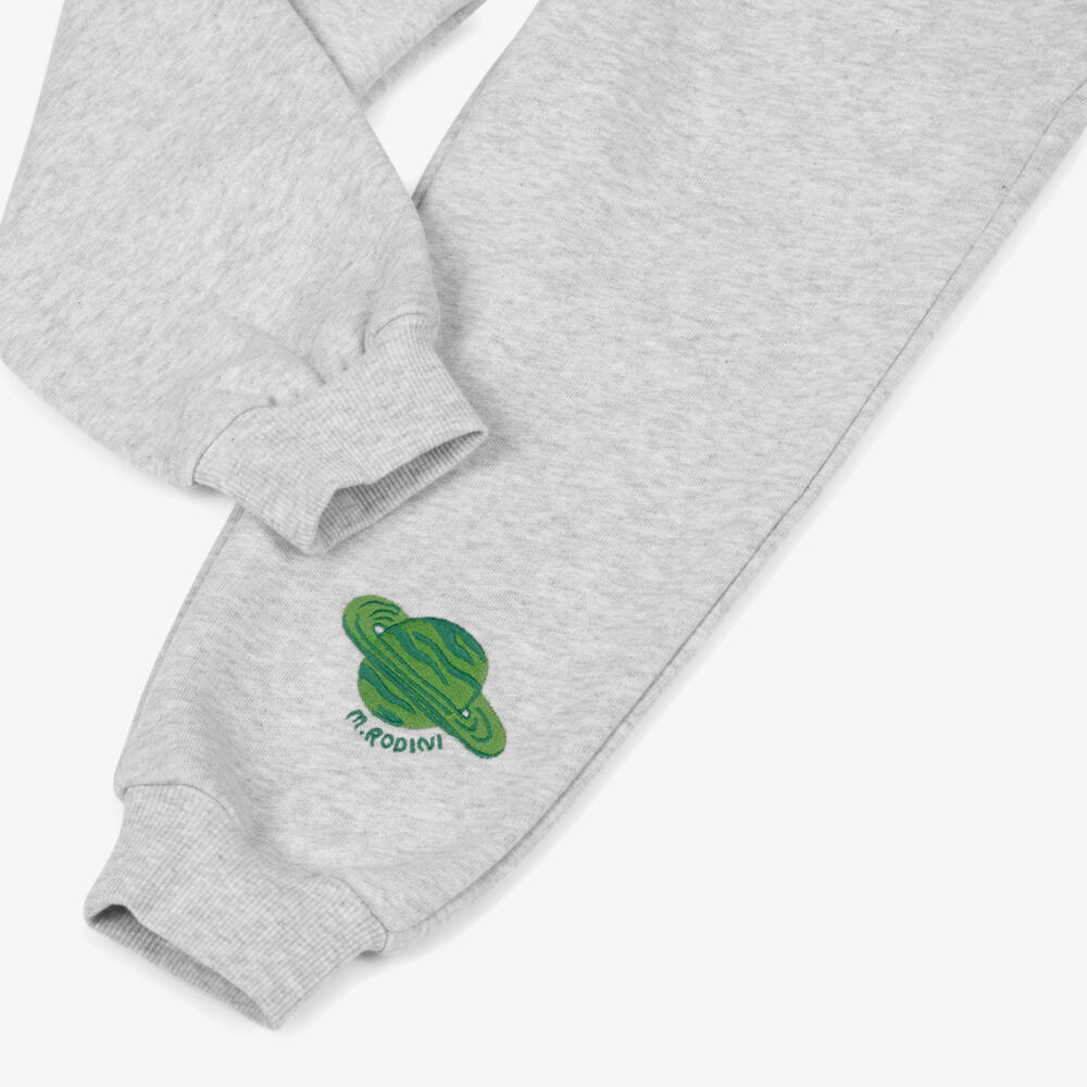 Mini Rodini-Grey Marl Organic Cotton Joggers with Planet Logo Patch | Childrensalon