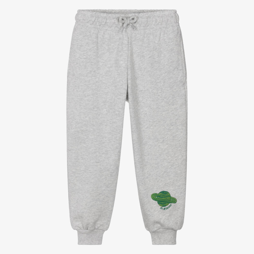 Mini Rodini-Grey Marl Organic Cotton Joggers with Planet Logo Patch | Childrensalon