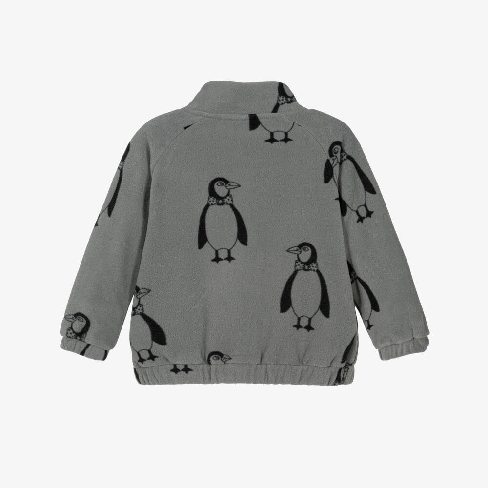 Mini Rodini-Grey Penguin Print Polar Fleece Zip-Up Top | Childrensalon