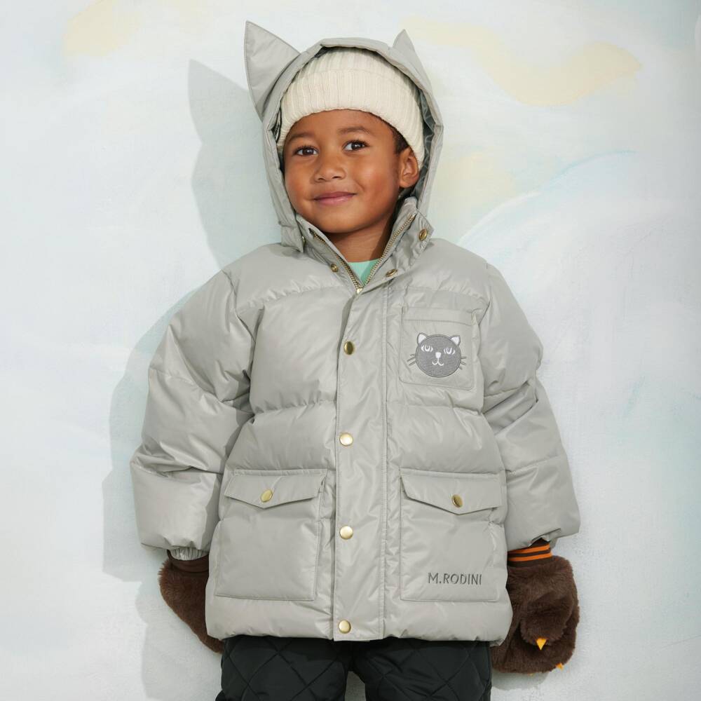 Mini Rodini-Grey Puffer Coat with Cat Ears | Childrensalon