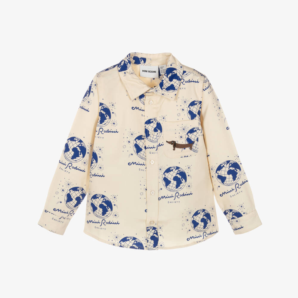 Mini Rodini-Ivory & Blue Earth Print Shirt | Childrensalon