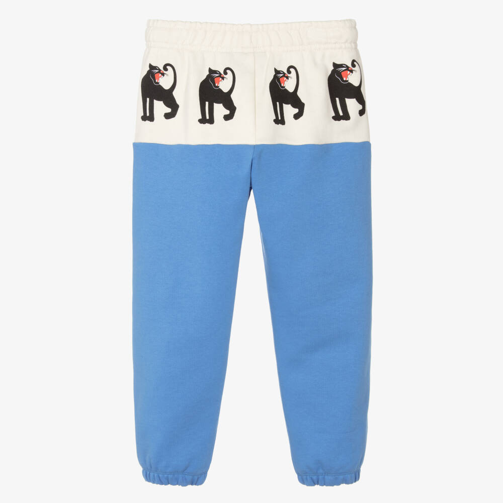 Mini Rodini-Ivory & Blue Organic Cotton Joggers with Panther Prints | Childrensalon