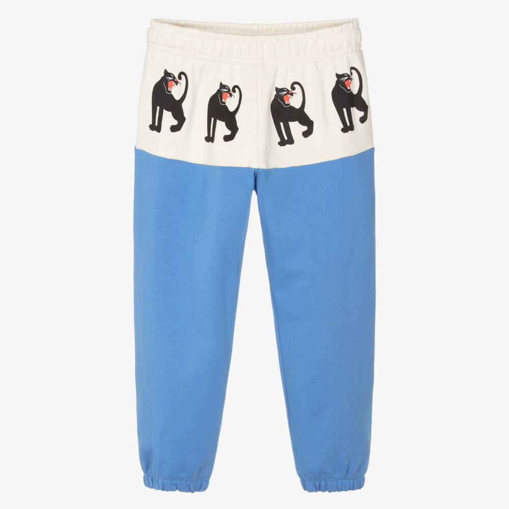 Mini Rodini-Ivory & Blue Organic Cotton Joggers with Panther Prints | Childrensalon
