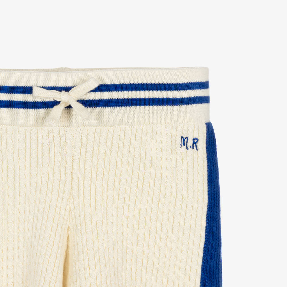 Mini Rodini-Ivory Cotton Cable Knit Shorts with Blue Trim | Childrensalon