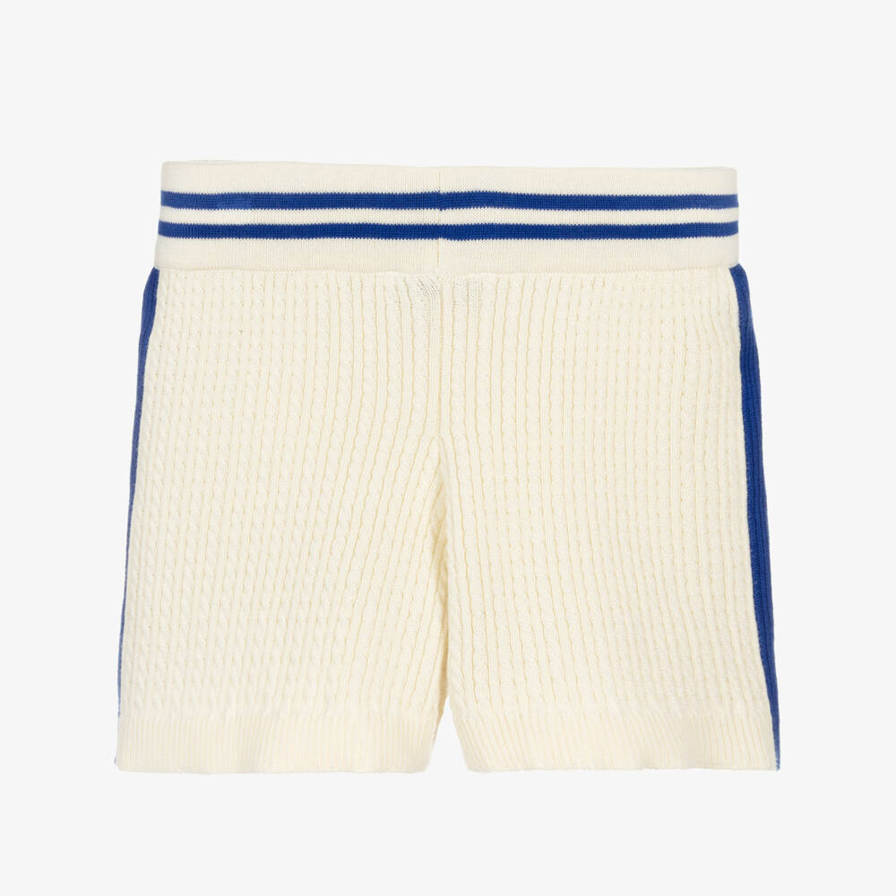 Mini Rodini-Ivory Cotton Cable Knit Shorts with Blue Trim | Childrensalon
