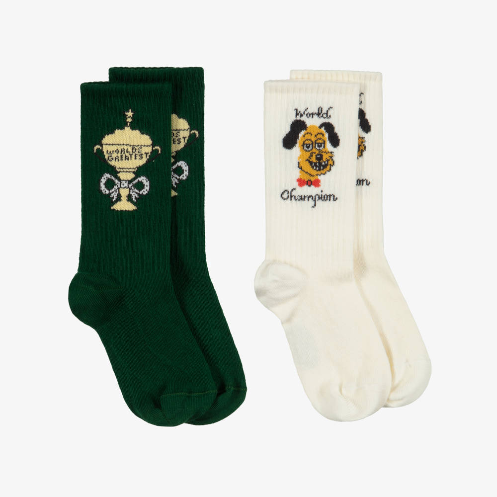Mini Rodini-Ivory & Green Organic Cotton Socks (2 Pack) | Childrensalon