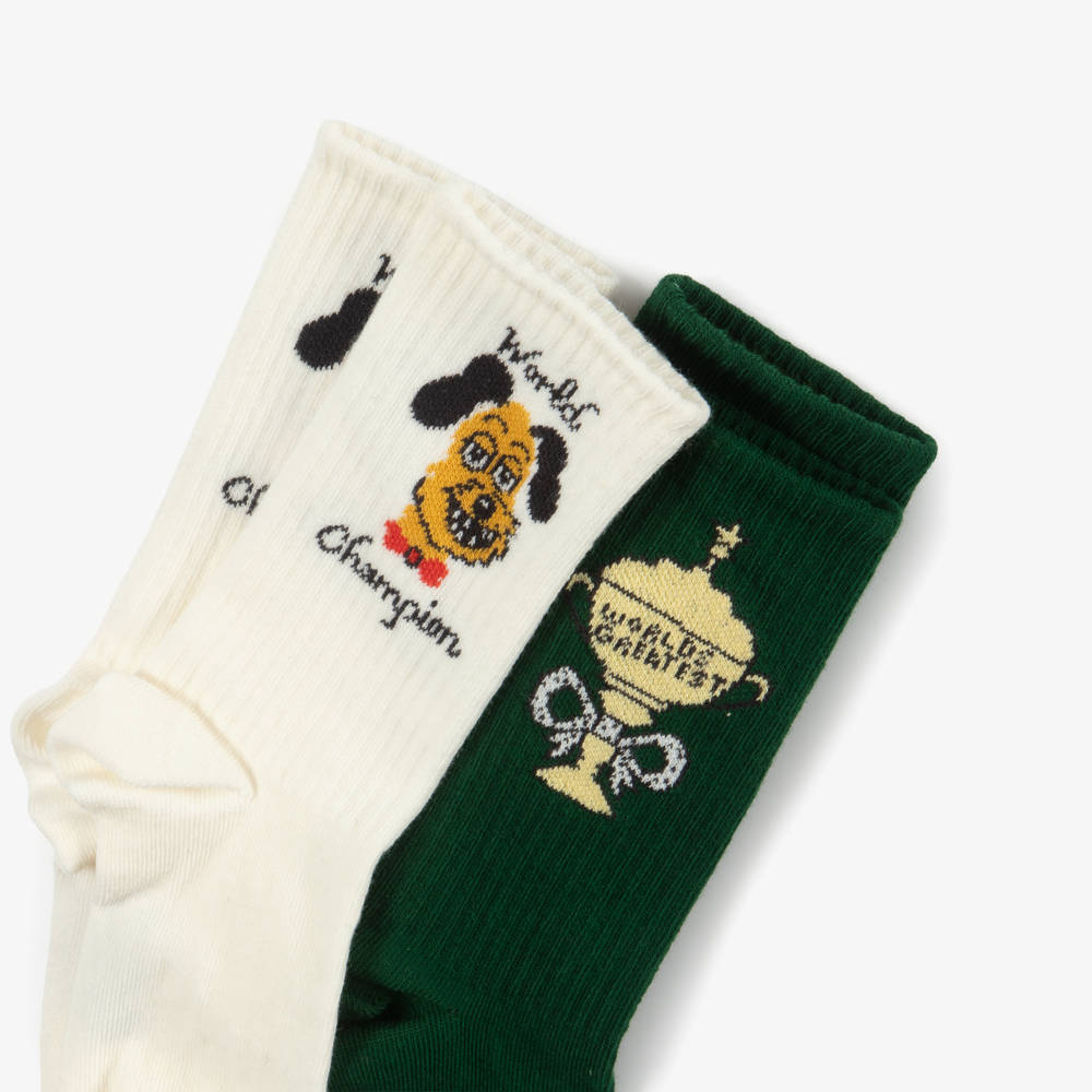 Mini Rodini-Ivory & Green Organic Cotton Socks (2 Pack) | Childrensalon