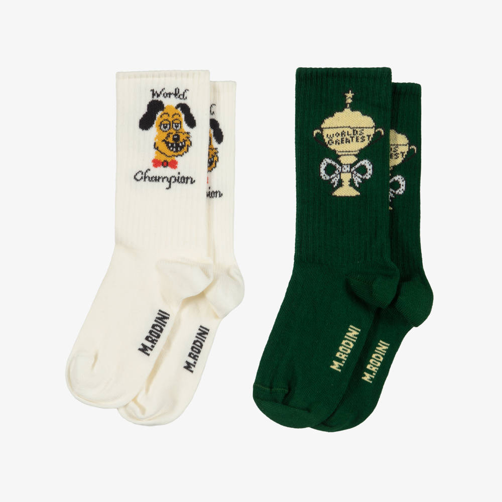 Mini Rodini-Ivory & Green Organic Cotton Socks (2 Pack) | Childrensalon