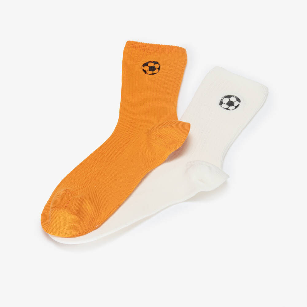 Mini Rodini-Ivory & Orange Socks with Football Motif (2 Pack) | Childrensalon