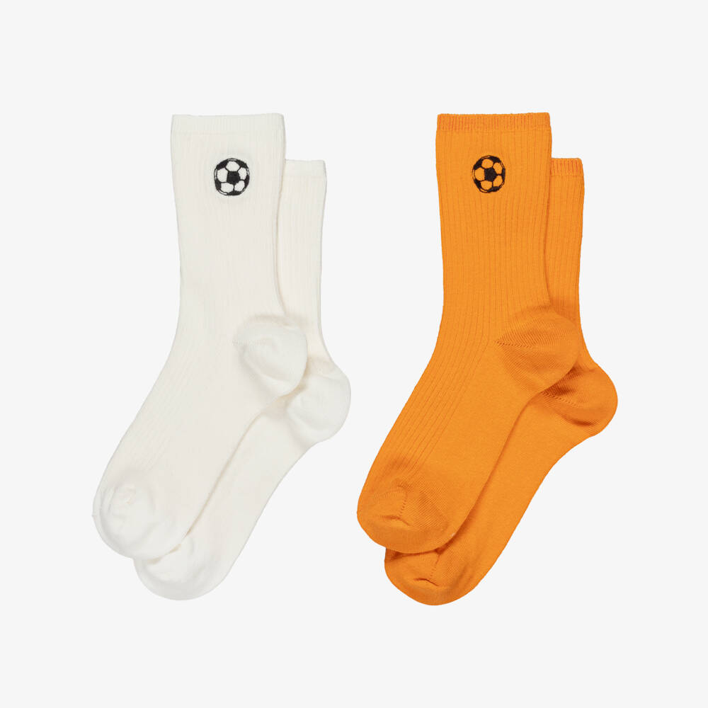 Mini Rodini-Ivory & Orange Socks with Football Motif (2 Pack) | Childrensalon