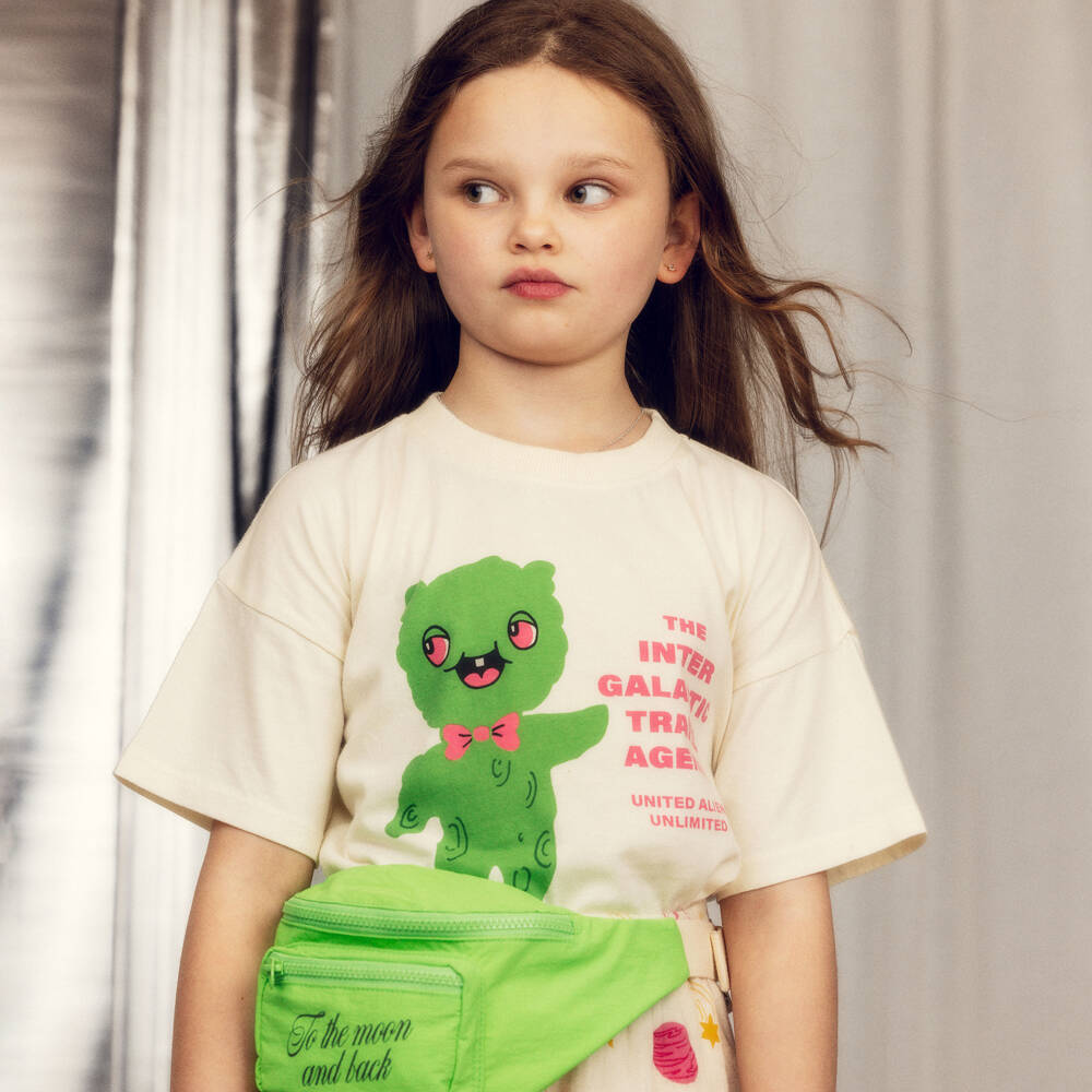 Mini Rodini-Кремовая футболка из органического хлопка с пришельцем | Childrensalon