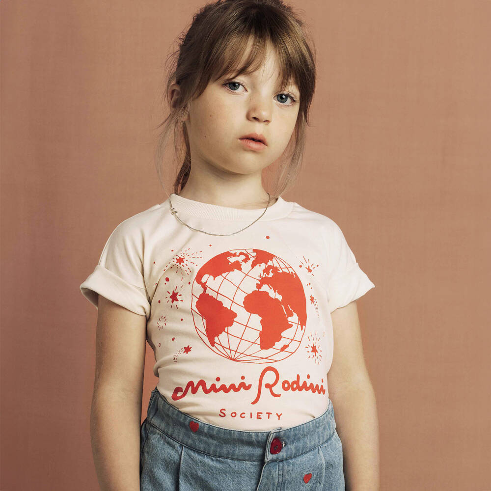 Mini Rodini-تيشيرت بطبعة سوسايتي قطن عضوي لون عاجي  | Childrensalon