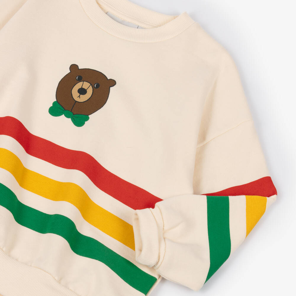 Mini Rodini-Ivory Organic Cotton Sweatshirt with Stripes & Bear Motif | Childrensalon