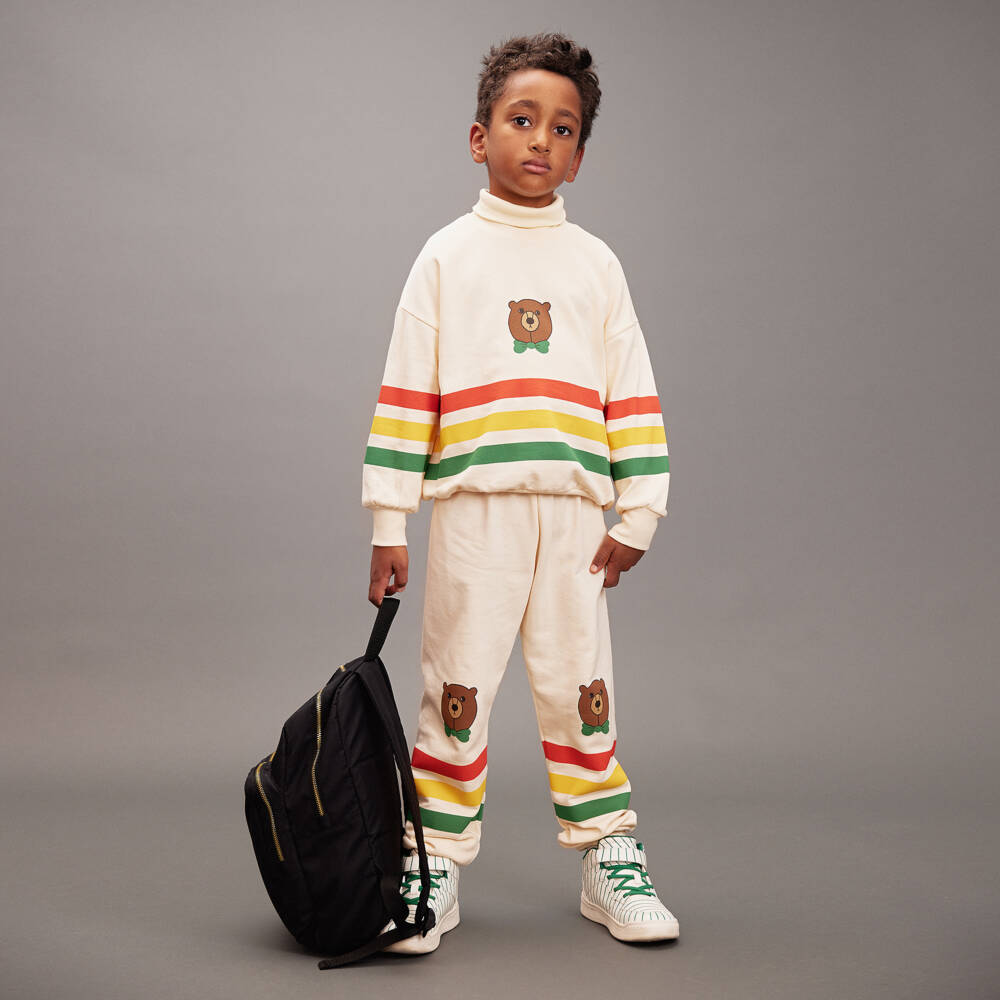 Mini Rodini-Ivory Organic Cotton Sweatshirt with Stripes & Bear Motif | Childrensalon