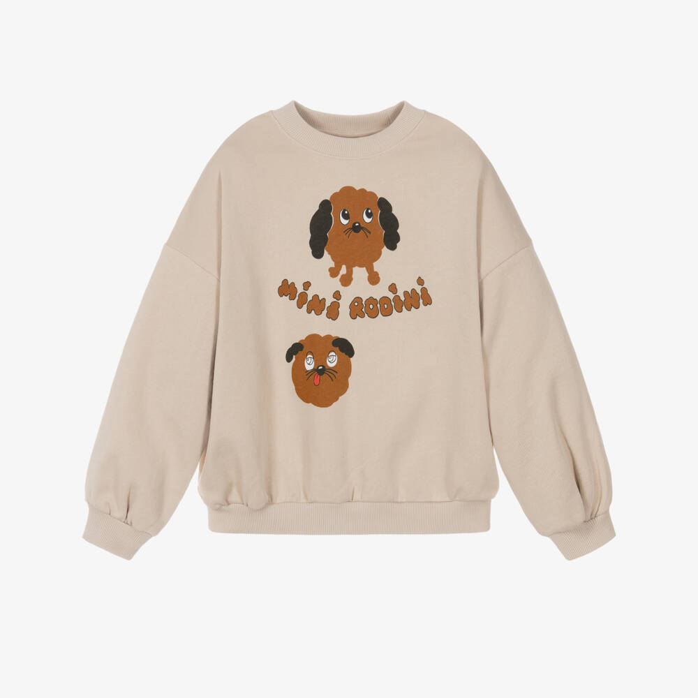 Mini Rodini-سويتشيرت قطن عضوي بطبعة كلب لون بيج فاتح | Childrensalon