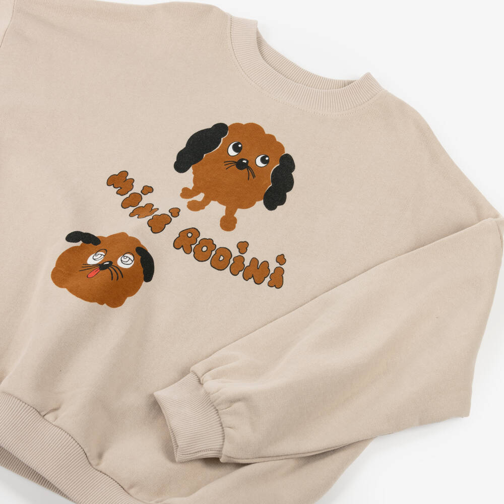 Mini Rodini-سويتشيرت قطن عضوي بطبعة كلب لون بيج فاتح | Childrensalon