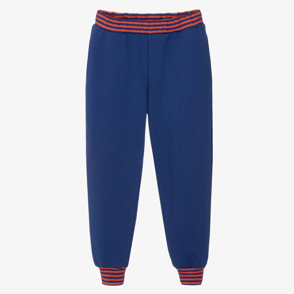 Mini Rodini-Navy Blue Cotton Joggers with Striped Ribbing | Childrensalon