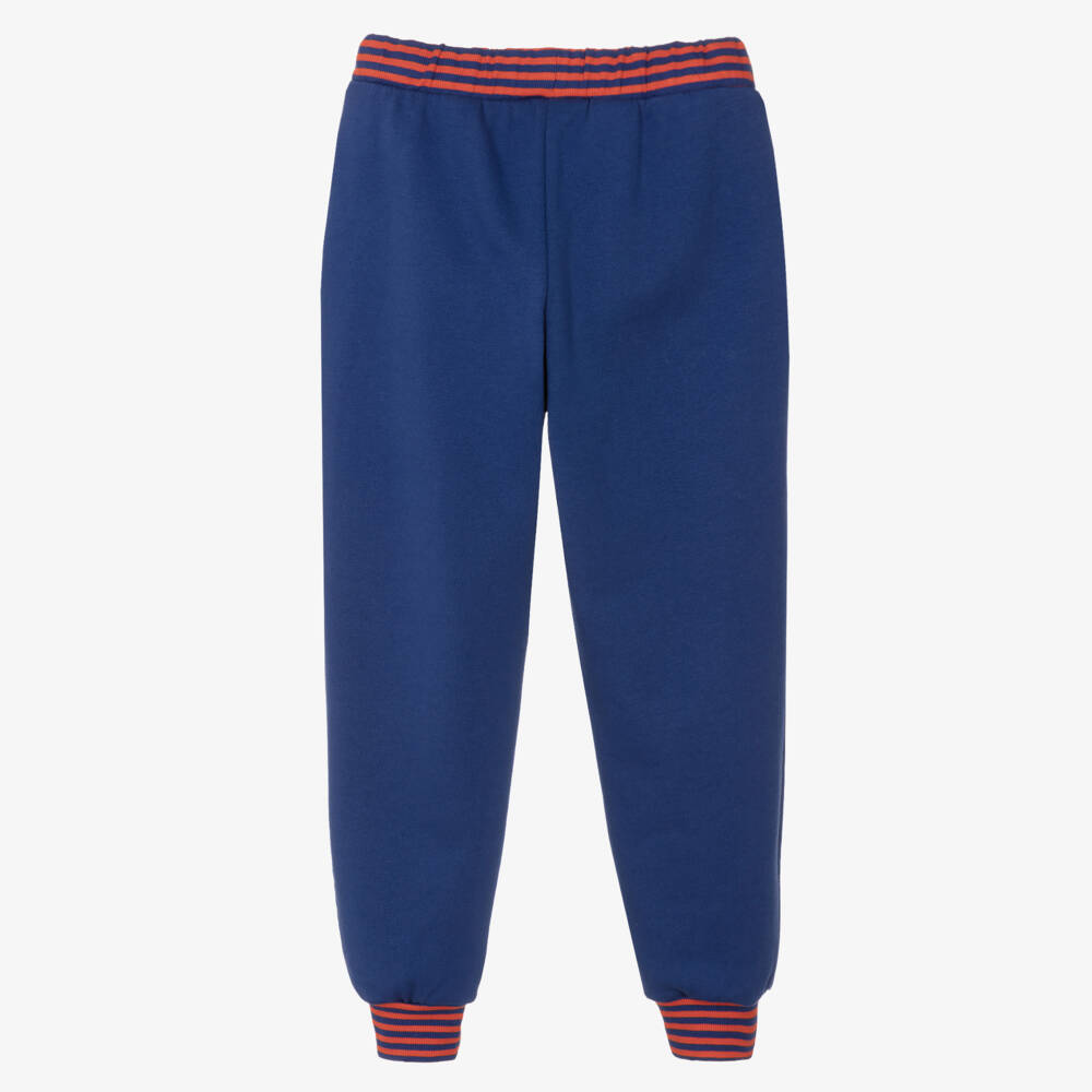 Mini Rodini-Navy Blue Cotton Joggers with Striped Ribbing | Childrensalon