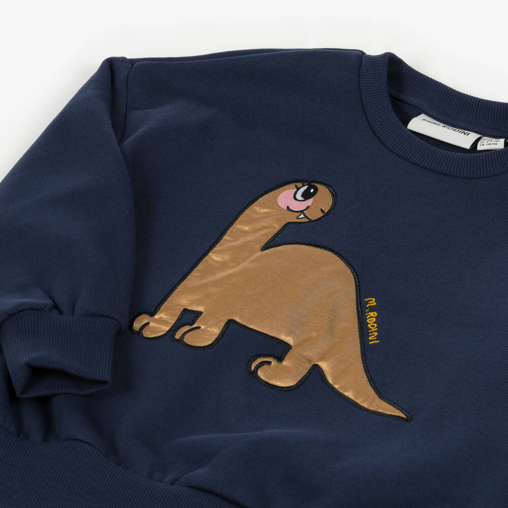 Mini Rodini-Navy Blue Organic Cotton Dinosaur Sweatshirt | Childrensalon