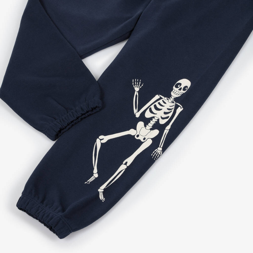 Mini Rodini-Navy Blue Organic Cotton Skeleton Print Joggers | Childrensalon