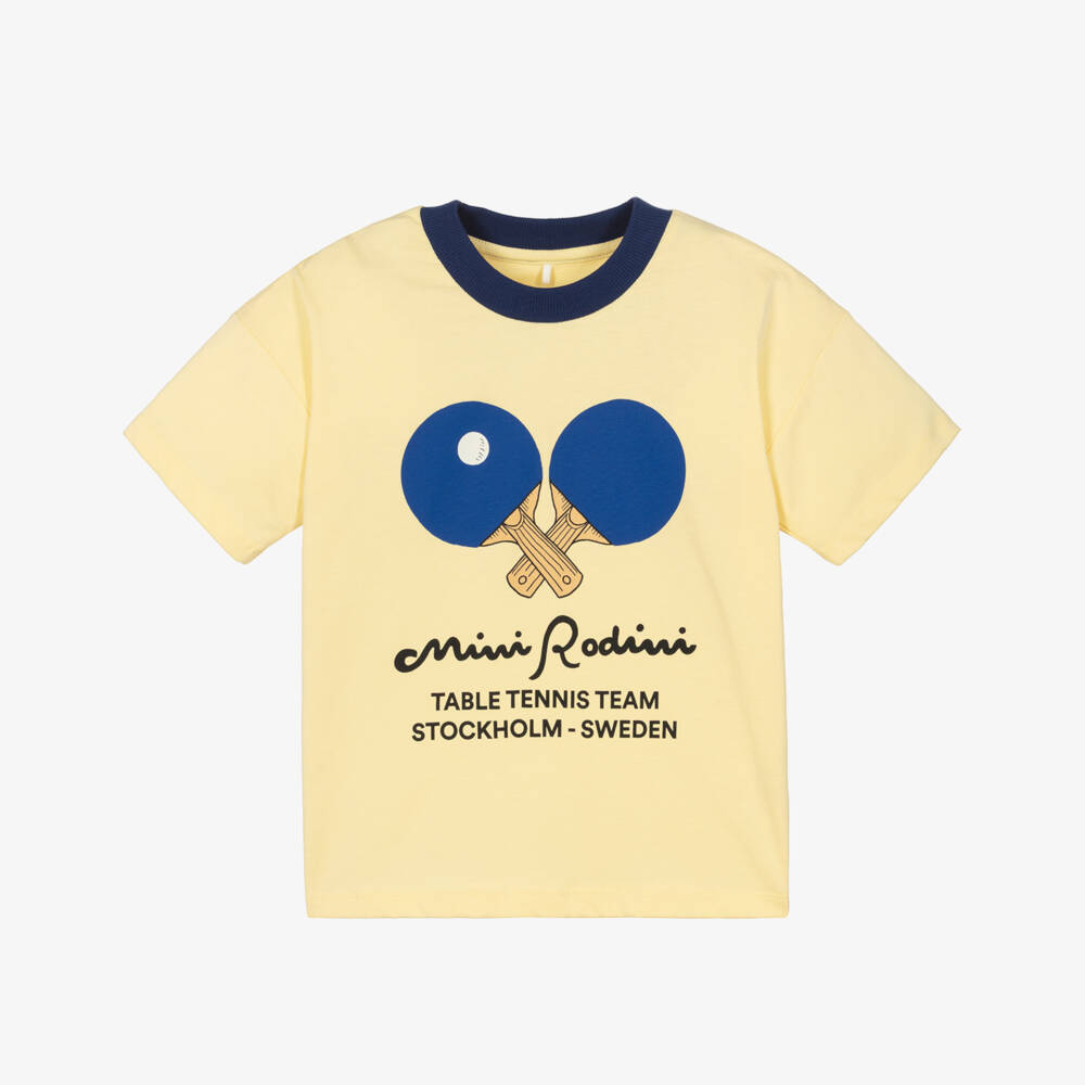 Mini Rodini-Pale Yellow Cotton Table Tennis Print T-Shirt | Childrensalon