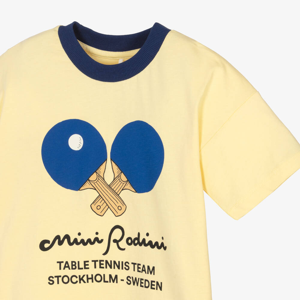 Mini Rodini-Pale Yellow Cotton Table Tennis Print T-Shirt | Childrensalon
