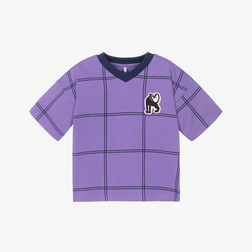 Mini Rodini-Purple Organic Cotton Windowpane Check T-Shirt | Childrensalon