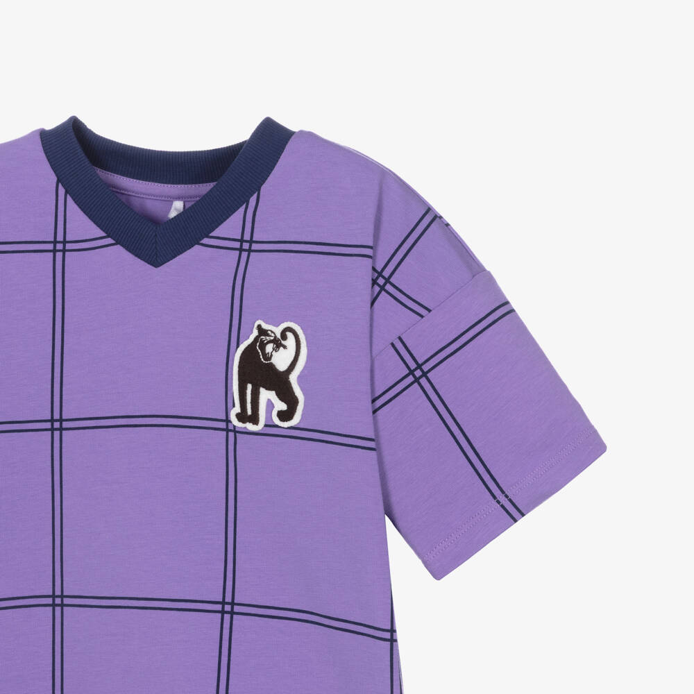 Mini Rodini-Purple Organic Cotton Windowpane Check T-Shirt | Childrensalon