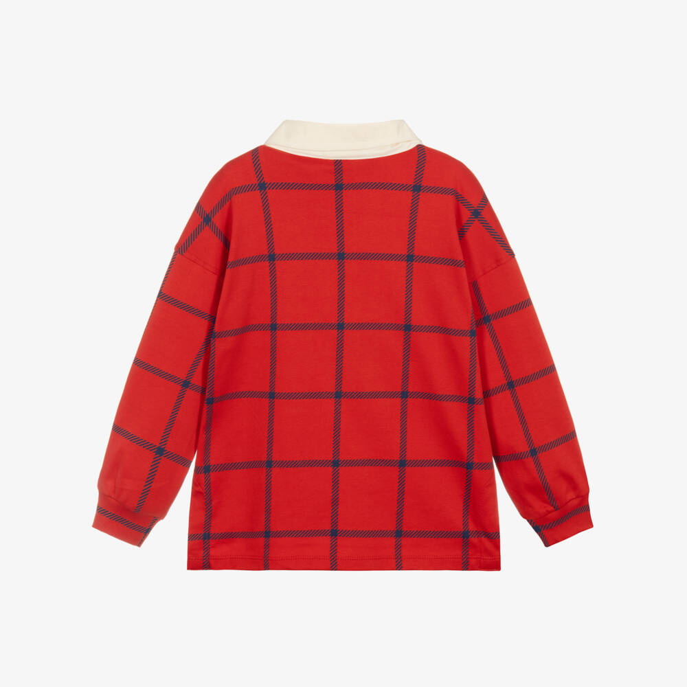 Mini Rodini-Red & Blue Check Cotton Rugby Shirt with Embroidered E.T. | Childrensalon