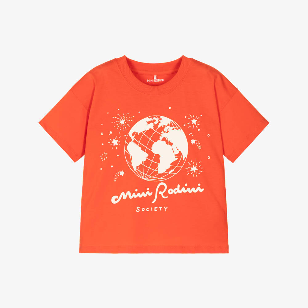 Mini Rodini-Red Cotton T-Shirt with Planet Earth Graphic | Childrensalon