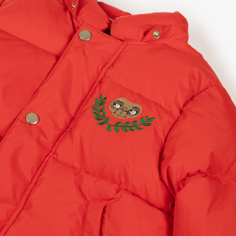 Mini Rodini-جاكيت منفوخ بغطاء رأس مطرز لون أحمر | Childrensalon