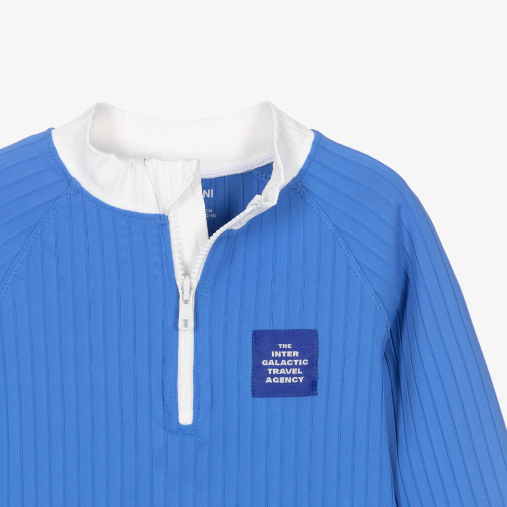 Mini Rodini-Ribbed Blue Quarter-Zip Swim Top (UPF 40+) | Childrensalon